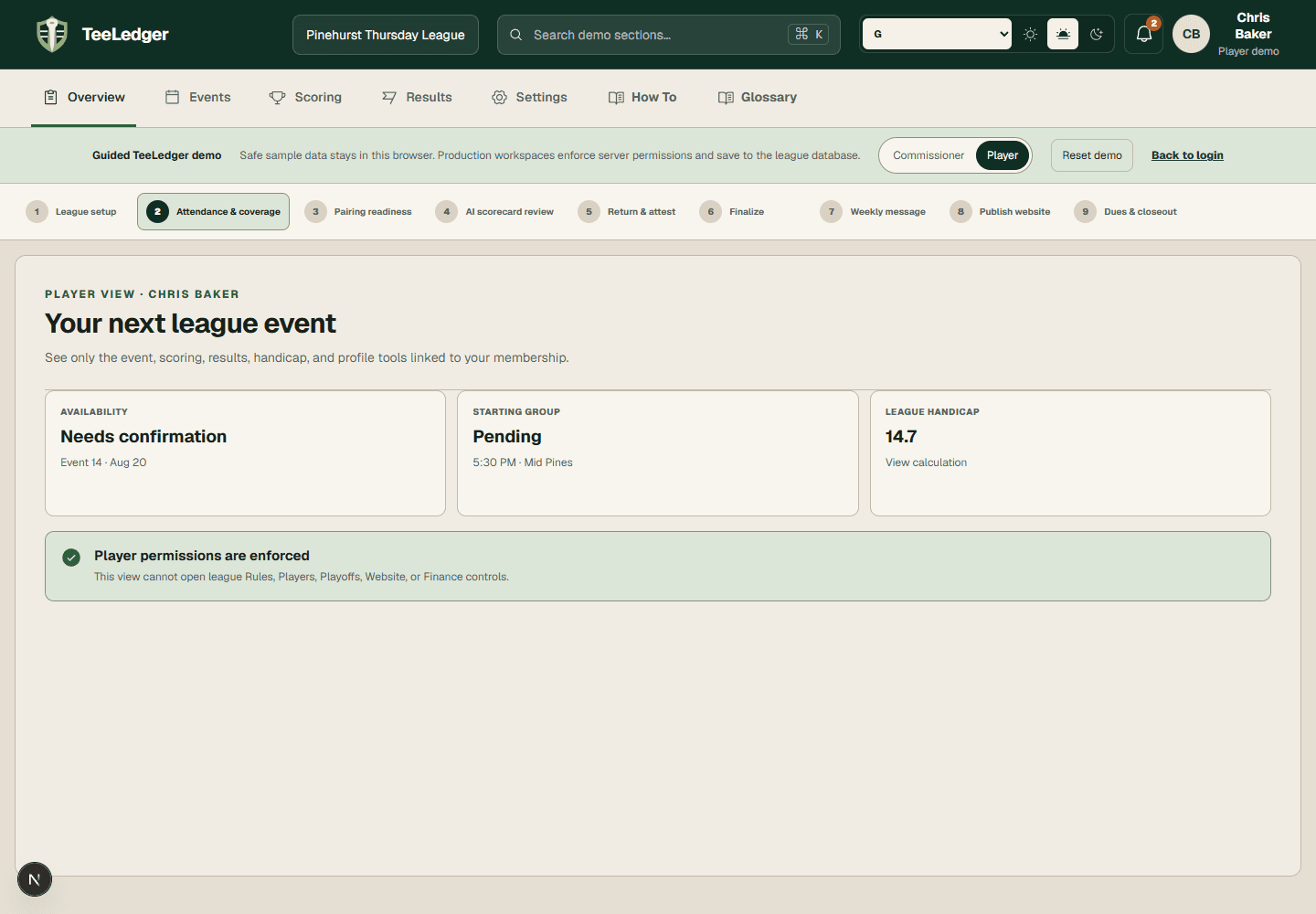 TeeLedger player view with personal event and scoring tools