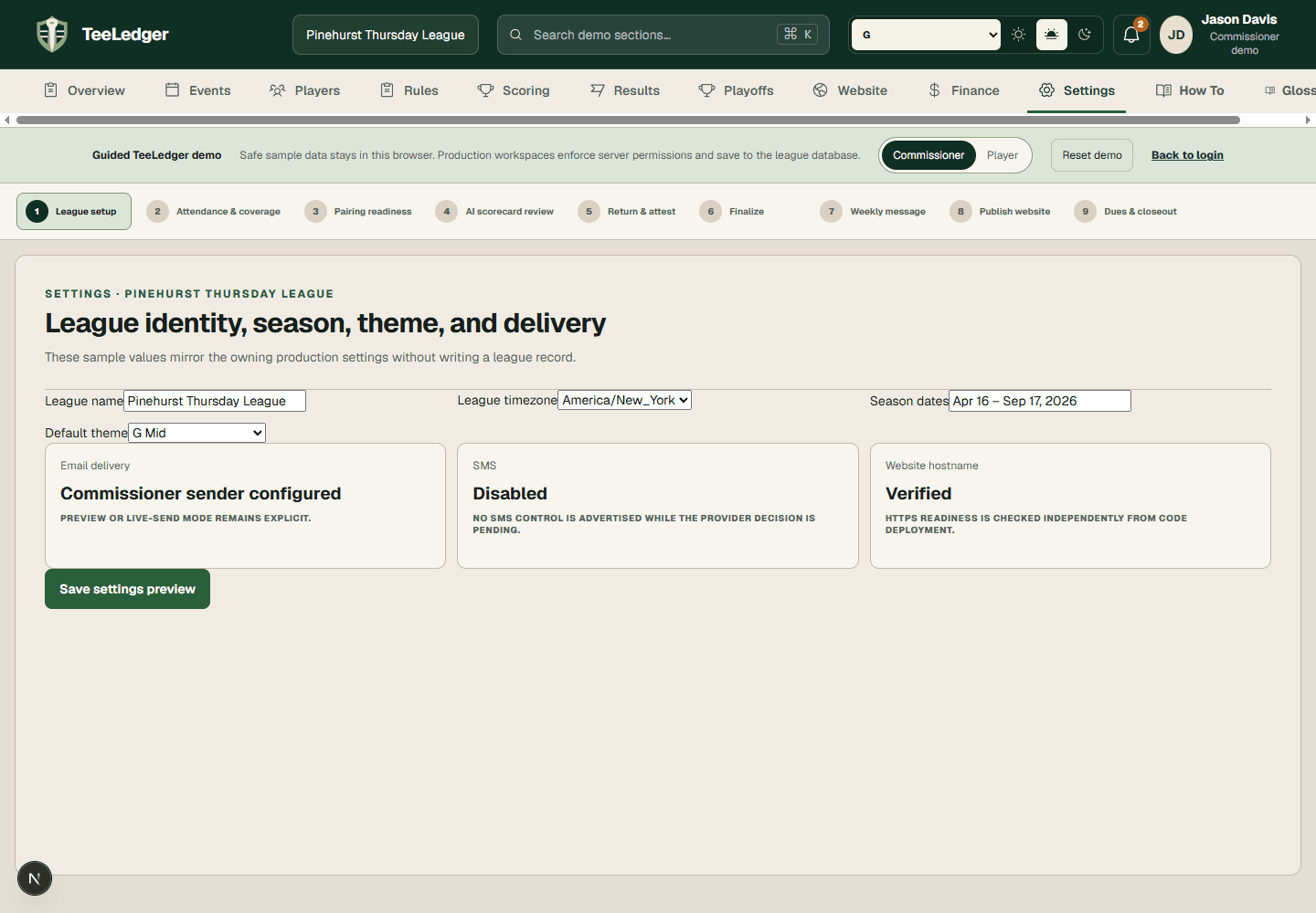 TeeLedger Settings workspace with league identity and season controls