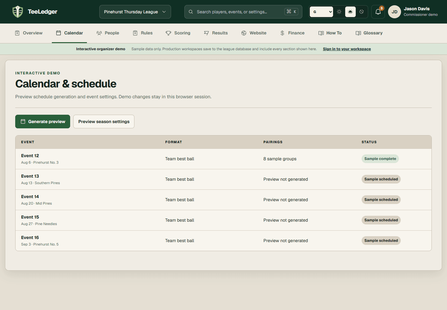 TeeLedger Calendar demo with season events and schedule controls
