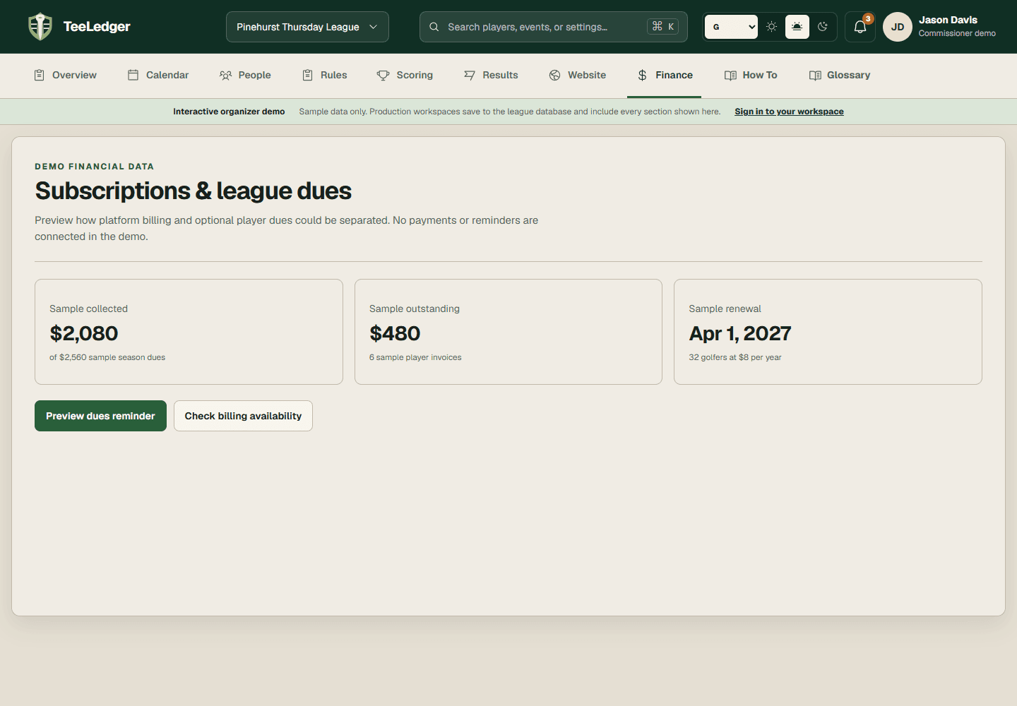 TeeLedger Finance demo with collected and outstanding league dues