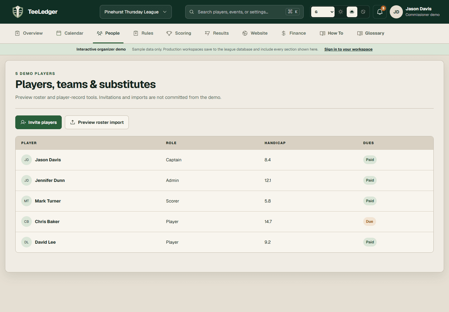 TeeLedger People demo with players, teams, substitutes, invitations, and imports