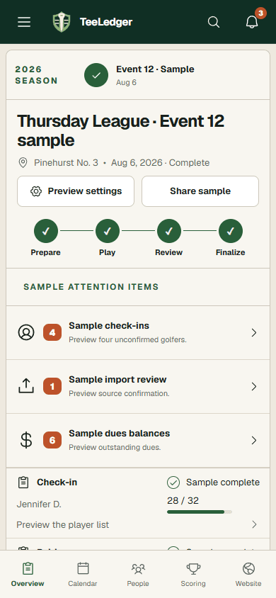 TeeLedger organizer app on a phone