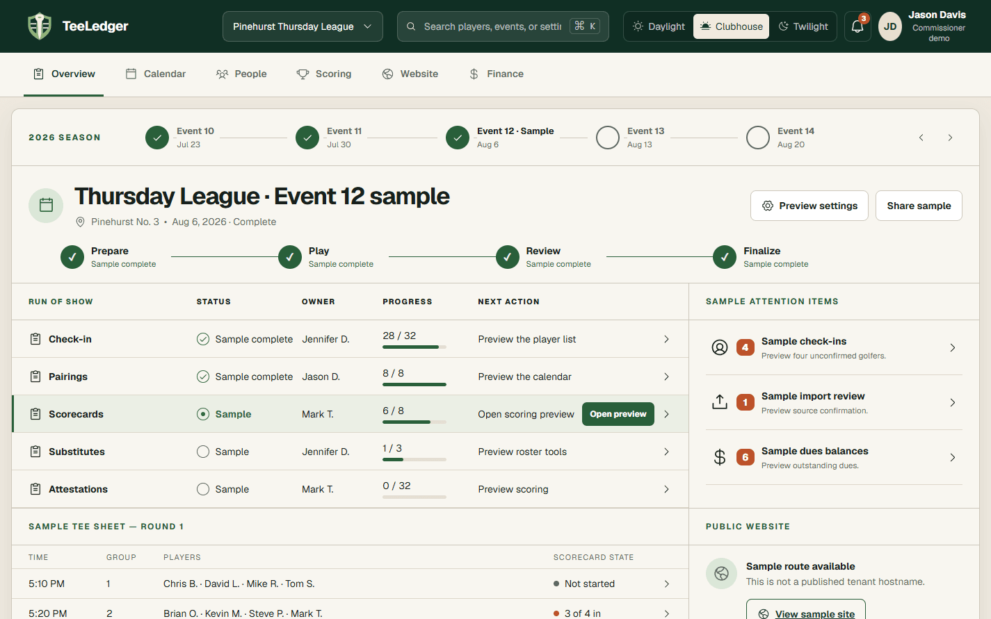 TeeLedger organizer workspace showing event preparation, scoring, and league tasks