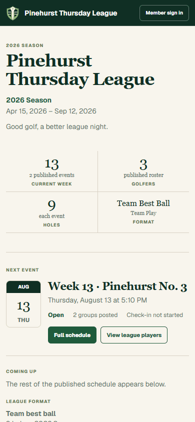 A published TeeLedger league website on a phone